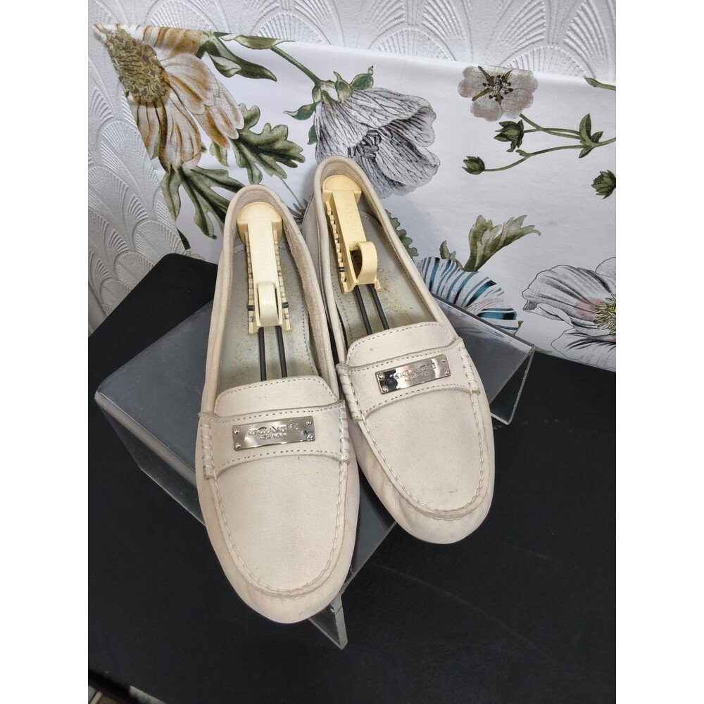 COACH Driving Loafers Fredrica Pebbled Leather Ivory Flats Slip On Womens 8B